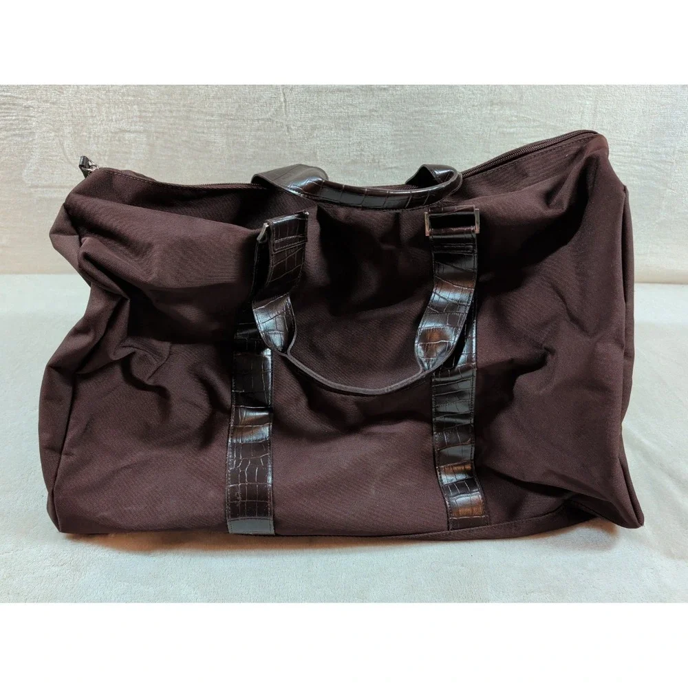 Kenneth Cole Signature Brown Canvas Duffel Bag Croc Embossed Trim Travel Weekend